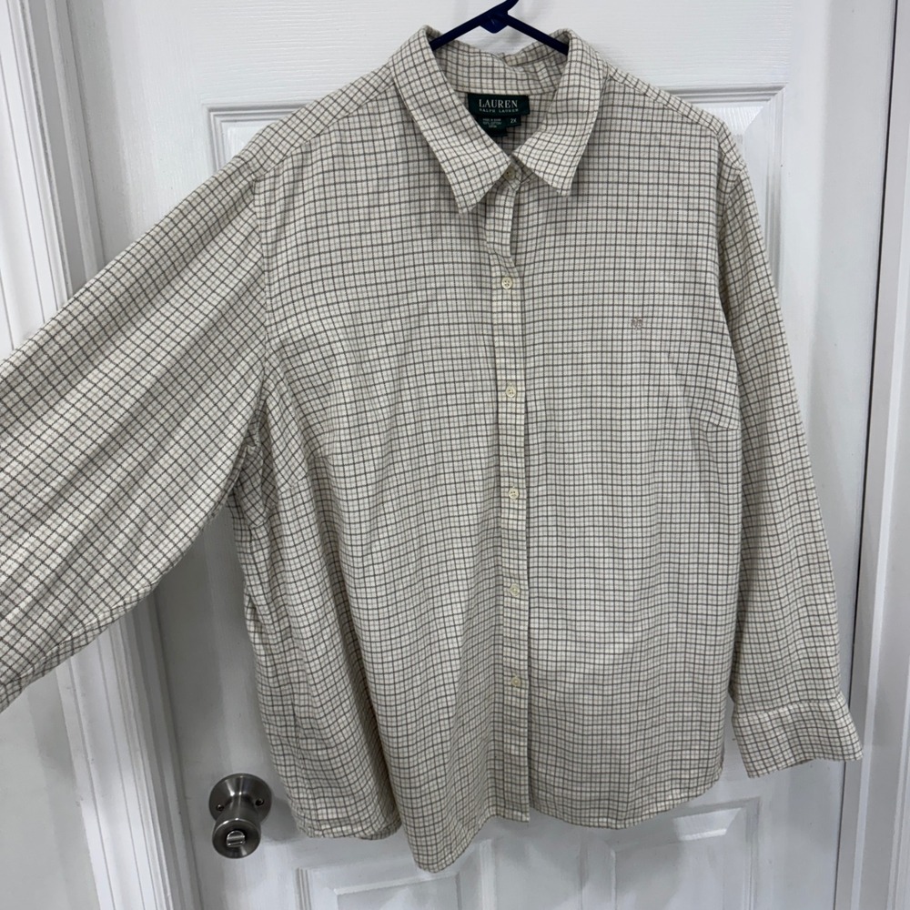 Ralph Lauren Cream Plaid 100% Cotton Flannel 2XL Mens Shirt